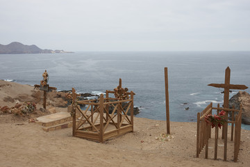 Historic cemetery from the era of nitrate mining in the Atacama Desert, at Pisagua on the coast of northern Chile