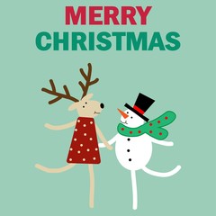 Vector illustration of a deer and snowman text merry christmas