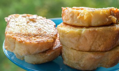 Fried croutons toasts in a plate in butter
