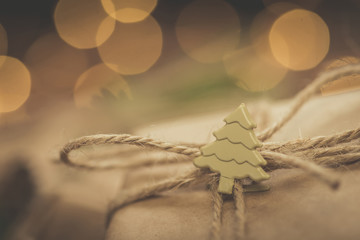 Christmas. Gifts. Vintage style fir tree decor bokeh lights