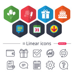 Birthday party icons. Cake and gift box symbol.