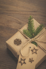 Christmas. Vintage style gift boxes on a rustic wooden table
