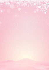 Pink winter background with snow and snowflake
