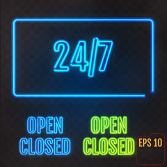 Open, Closed, 24/7 Hours Neon Light on transparent background. 24 Hours Night Club / Bar Neon Sign. Vector Illustration.