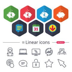 Piggy bank icons. Dollar, Euro, Pound moneybox.