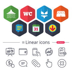 Swimming pool icons. Shower and swimwear signs.