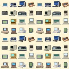 Computer technology vector evolution display telecommunication equipment metal pc monitor frame modern office network seamless pattern background.