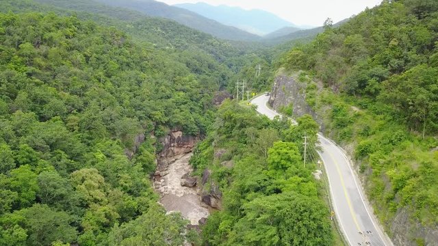 An aerial view from a drone of a river at Oob Luang nation park in Chiangmai, Thailand
