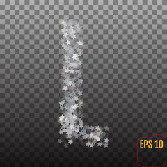 Alphabet of sparkling confetti. Silver stars of confetti. The letter 
