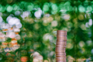 stacks of coins on table in garden with green background, finance and business concept.