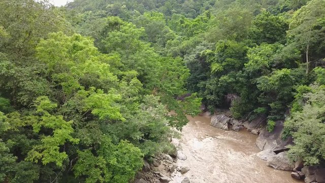 An aerial view from a drone of a river at Oob Luang nation park in Chiangmai, Thailand
