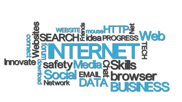 internet typography word cloud with relevant buzzwords blue