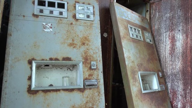 Chernobyl zone, Ukraine - 18th of June 2017: Visit to Pripyat Ghost Town - 4K Vintage Soviet soda slot machines in Pripyat Chernobyl 