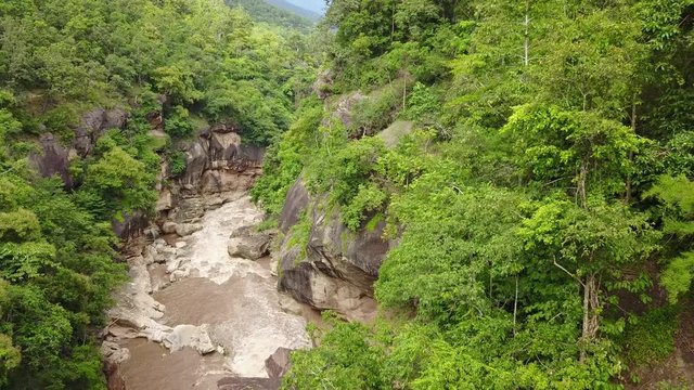 An aerial view from a drone of a river at Oob Luang nation park in Chiangmai, Thailand
