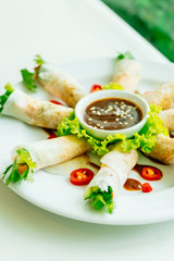 Duck meat inside spring roll