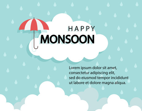 Happy Monsoon season background with cloud rainny and umbrella. sale banner. season off. discount poster. layout advertising. Rainy Season, Vector Illustration.