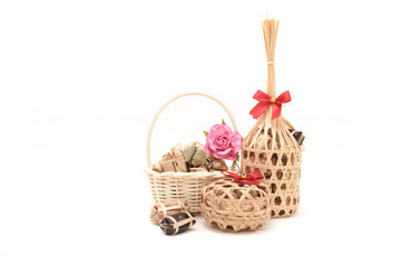 Fototapeta na wymiar Thai traditional dessert in wicker bamboo basket On white background.