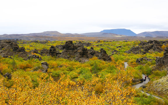Dimmuborgir area with various volcanic caves and rock formations. Near Lake Myvatn Northeast Iceland