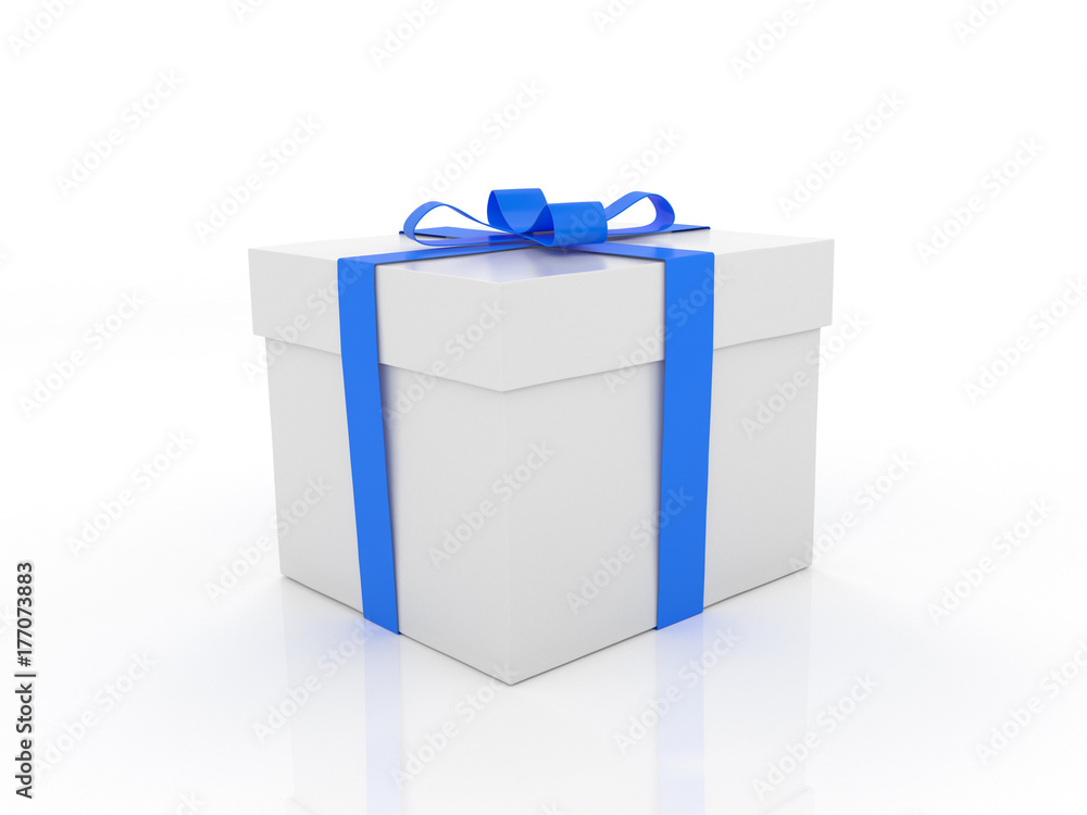 Wall mural 3d illustration of white packing for gift blue ribbon isolated on a white background.