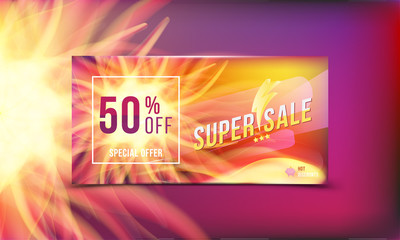 Hot offer is a super sale of 50%. Concept of advertising banner with hot discounts and realistic fire with light effects on a colored background. Vector illustration EPS 10