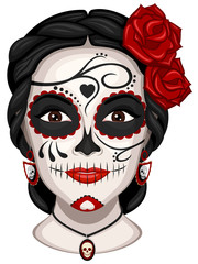 Vector illustration of a woman from the neck up, made up for Dia de los Muertos, Day of the Dead.