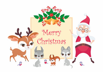 Obraz na płótnie Canvas Christmas greeting card with the image of Santa Claus and woodland animals. Vector background.