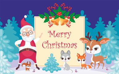 Christmas greeting card with the image of Santa Claus and woodland animals. Vector background.