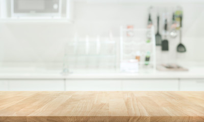 Wood table top on blur kitchen room background .For montage product display or key visual layout. - obrazy, fototapety, plakaty