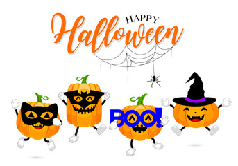 Set of cute cartoon pumpkin character design. Happy Halloween day concept with mask of black cat, bat, boo! and witch. Illustration isolated on white background.