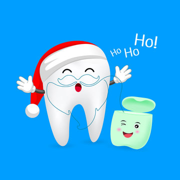 Cute cartoon tooth character with Santa hat. Dental floss in Santa beard shape. Merry Christmas concept, illustration isolated on blue background,