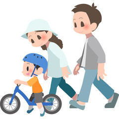 Fototapeta na wymiar バランスバイクに乗る男の子と見守る両親