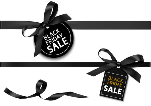 Decorative horizontal black ribbon with bow and sale tag for black friday sale design. Vector decoration and label