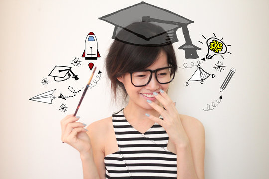 Education and graduation Concept. Young asian woman college student holding paint brush smiling happily with education and learning illustration doodles background