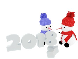 Snowmen and symbol of New year. 3D render. The isolated objects on a white background