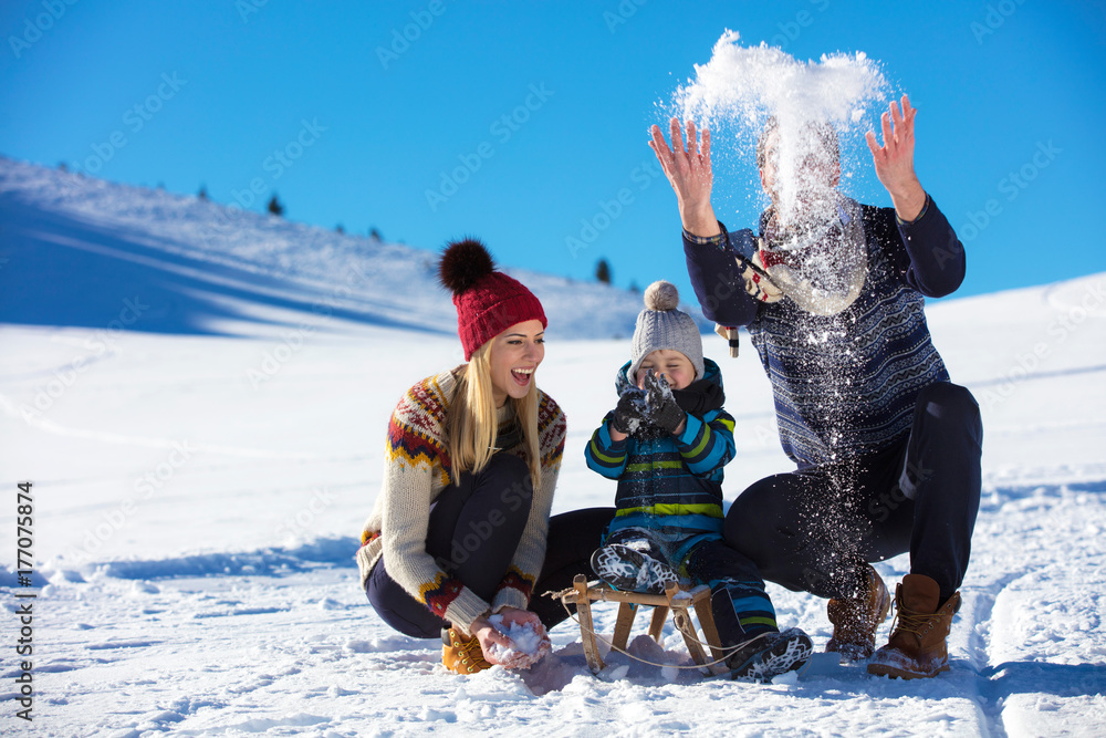 Wall mural the happy family rides the sledge in the winter wood, cheerful winter entertainments