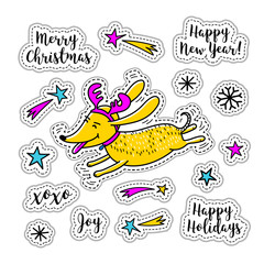 Cartoon sticker Christmas stickers, doodle icons. Cartoon character dog Symbols New Year and Xmas. Vector design kit with badges, stickers, patches
