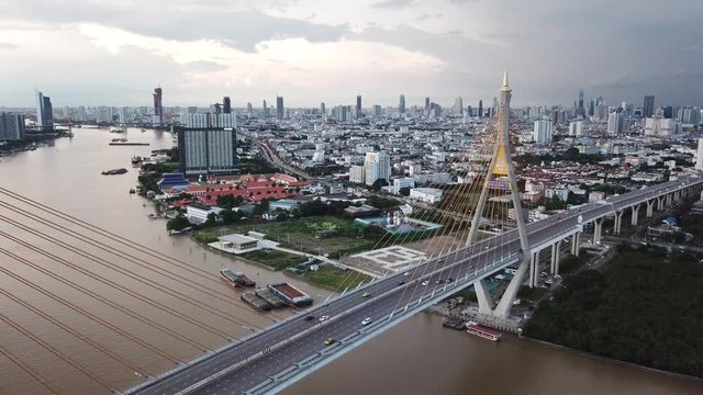 Beautiful view from a drone of Bhumibol (King Rama 9) Bridge in Bangkok , Bridge of transportation for import , export , Bangkok ,Thailand
