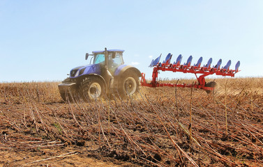 Work of a powerful tractor in field cultivation and cultivation. Agronomy