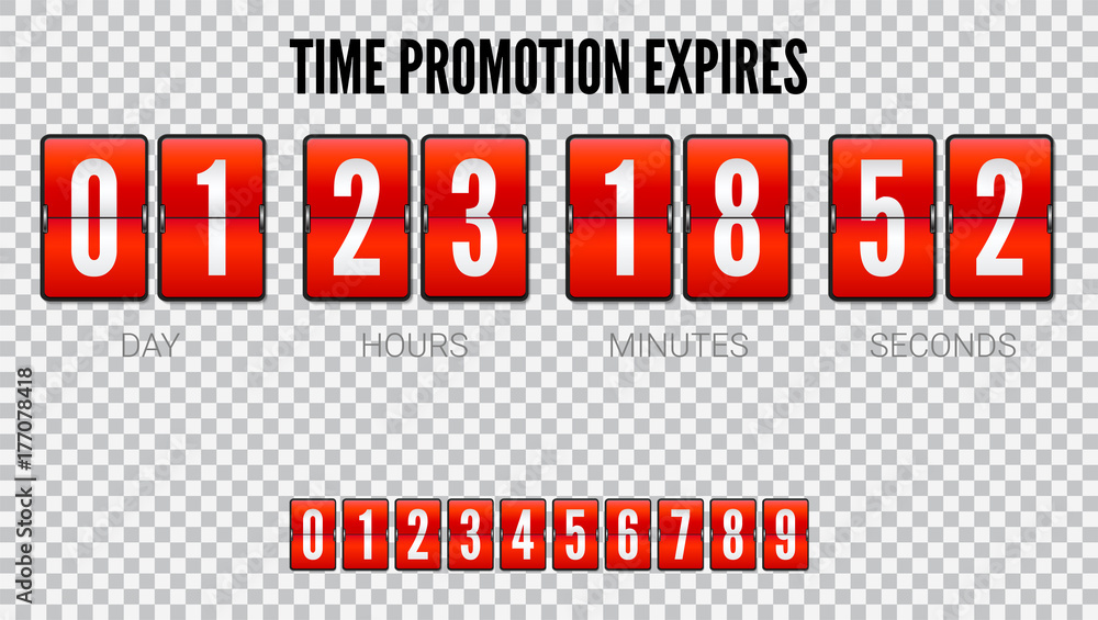 Poster time is limited, analog flip clock timer. red mechanical clock for countdown isolated on red backgro