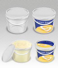 Branded and blank, empty and with mayonnaise, sour, cream, yogurt, cottage cheese, sauce, ice cream plastic buckets realistic vector template set. Food product packaging mockup