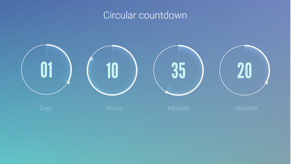 Part of the User interface, circular clock. Clock application, UI elements. Design of countdown timer for coming soon or under construction action. Template of count days, hours, minutes and seconds - obrazy, fototapety, plakaty