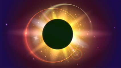 Glow light effect. The planet covering the Sun, Solar eclipse, astronomical phenomenon - full sun eclipse. Light rays and lens flare on space backdrop.