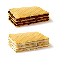 Waffle cookies with dripping chocolate and cream filling realistic vector illustration isolated on white background. Classic confectionery and pastry product, sweet snack with additives on dessert