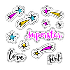 Girl stickers: stars, firework, superstar logo, love lettering. Retro fashionable patch element 80s-90s, Vector doodle illustration