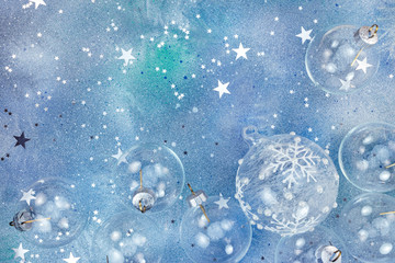 christmas glass balls with snowflake pattern and star confetti on blue background