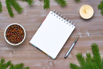 Christmas song from the notebook, fir branches, candles burning hazelnuts and pine nuts