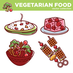 Vegetarian cuisine food dishes or vegan veggie menu vector isolated icons