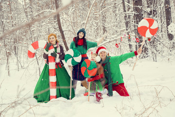  эльфы семьей в новогоднем снежной лесу © irinashamanaeva