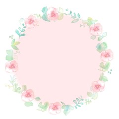 Fototapeta na wymiar 花のフレーム、グリーン、淡いピンク、サークル