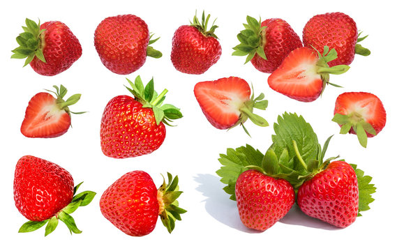 Berry red strawberry, isolated set on a white background. Half of the strawberries are in section.